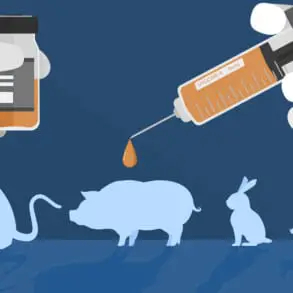 Animal testing graphic with a syringe held by hands in the foreground