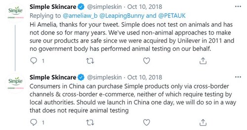 Simple skincare tweet about selling in China